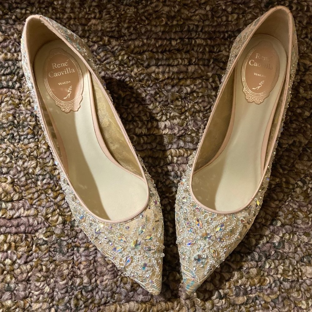 Rene Caovilla Crystal and Lace Kitten Heels Sz 38